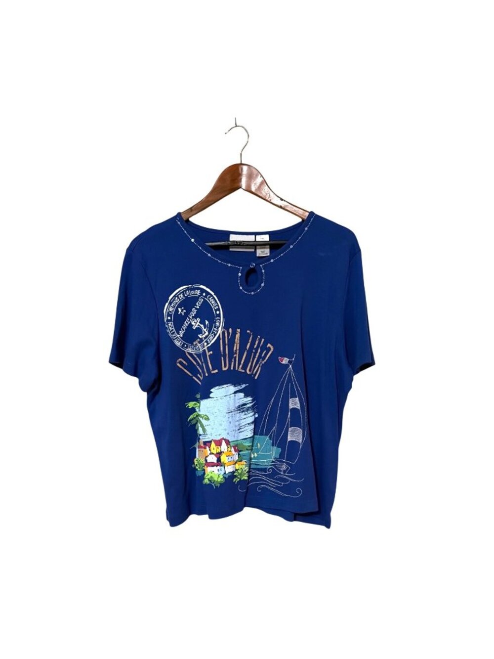 Alfred Dunner PXL Blue Graphic Tee Beaded Detail Côte DAzur Print Short Sleeve